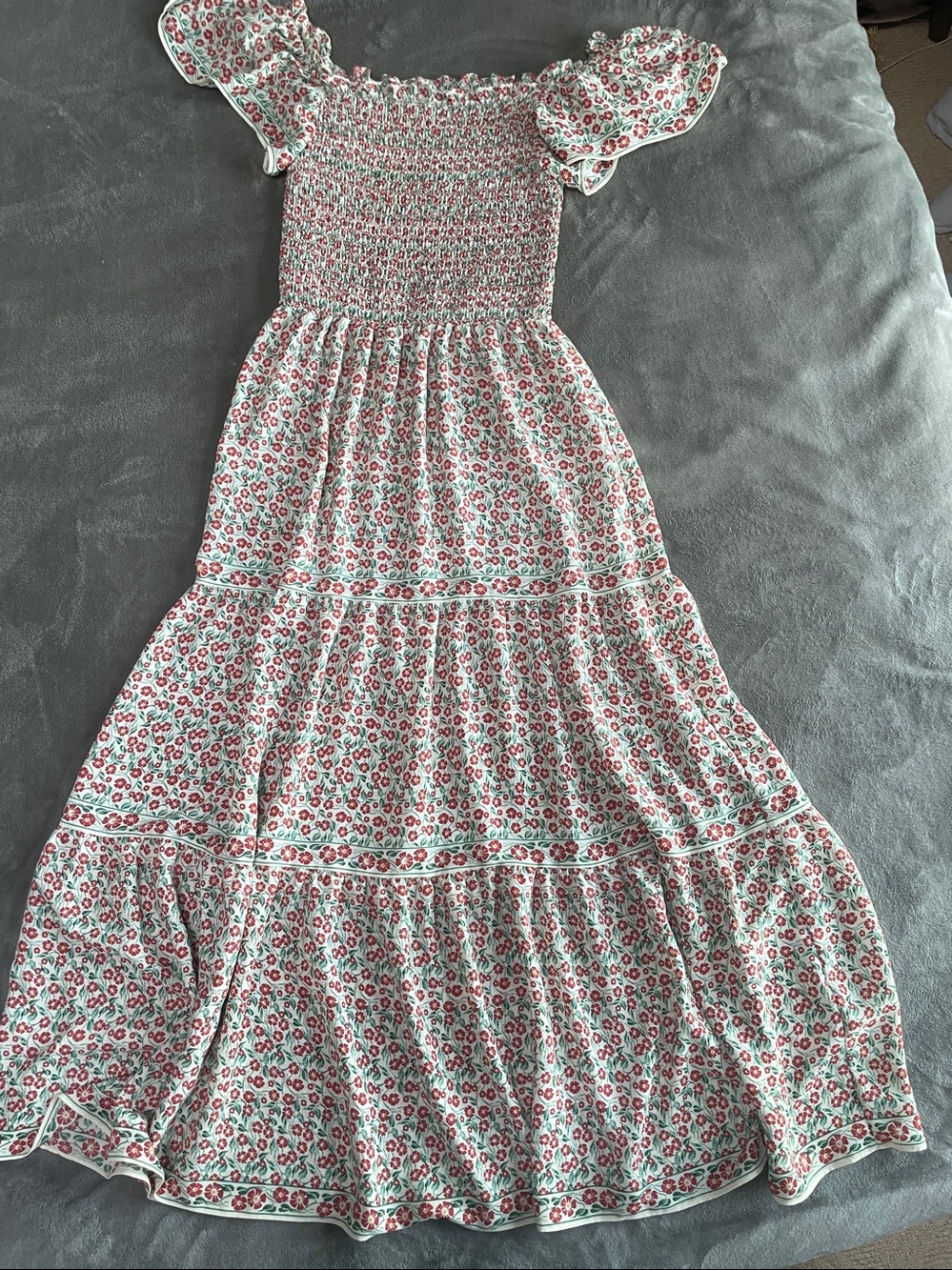 Max Studio Cream Maxi Dress with Red Floral Print and Smocked Bodice